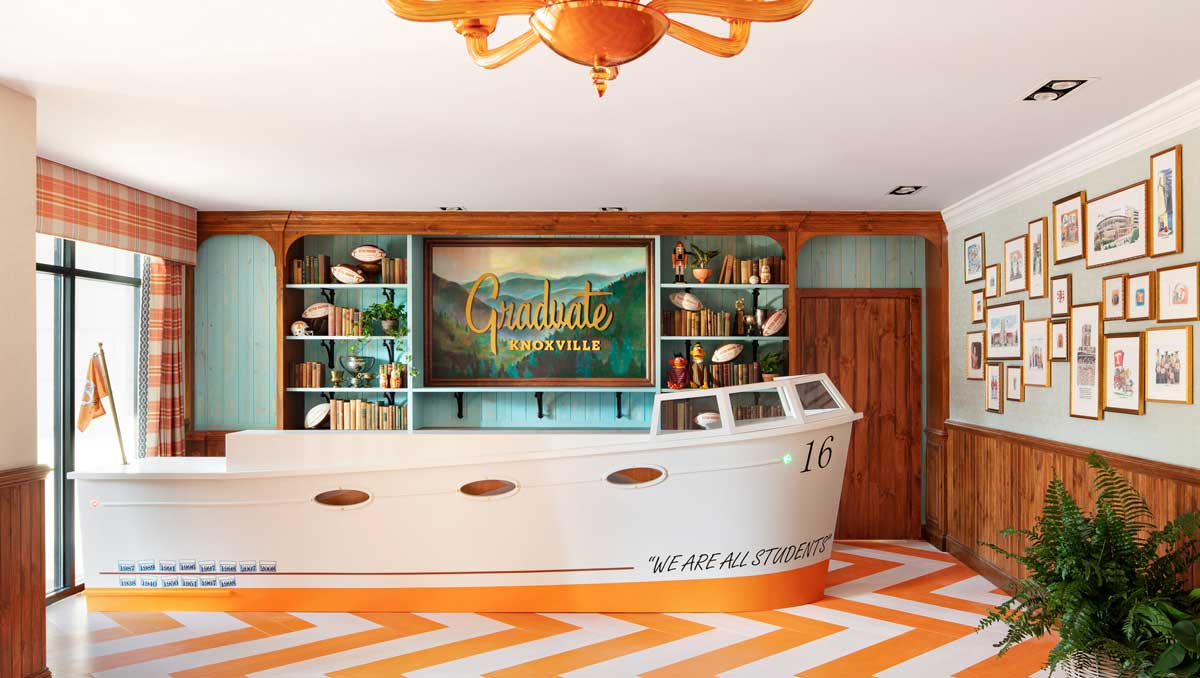Graduate Knoxville's front desk is shaped like a boat
