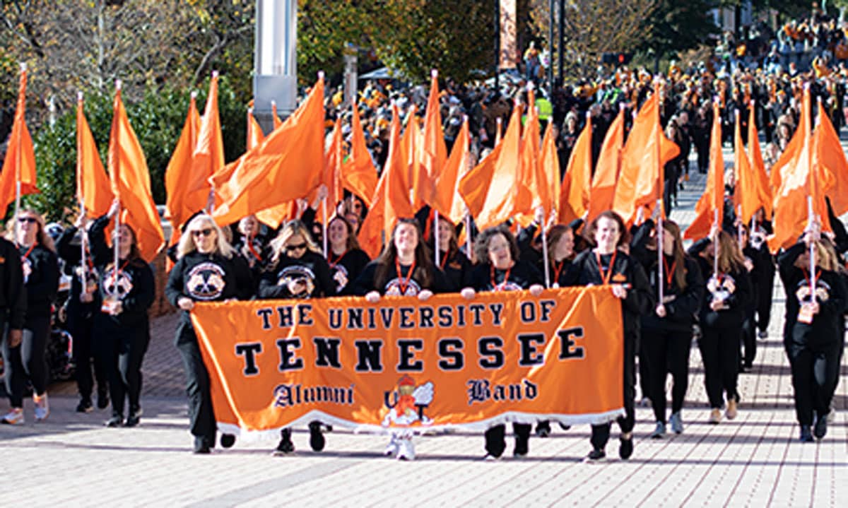 Alumni Band members march during a parade