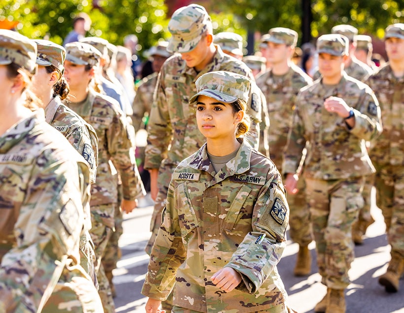 Members of the Army ROTC during a Homecoming parade