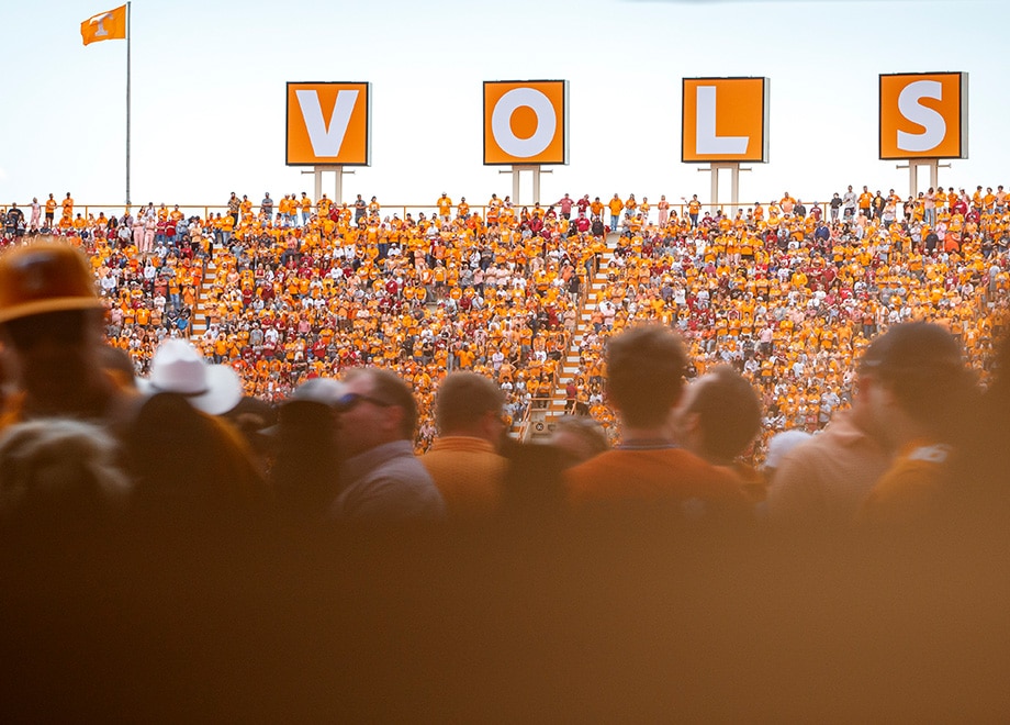 V-O-L-S letters above a packed Neyland Stadium