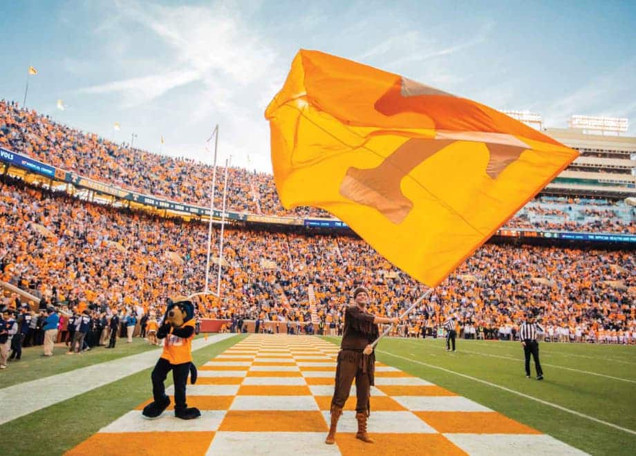 Davy Crockett waves the Power T Flag in a packed Neyland Stadium
