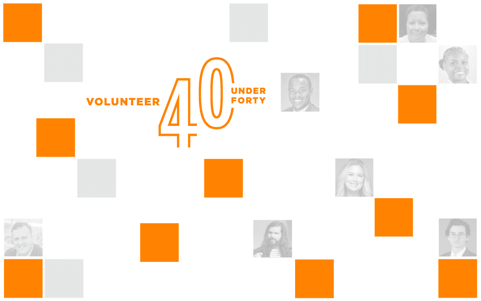 Volunteer 40 Under 40 graphic with orange and grey squares