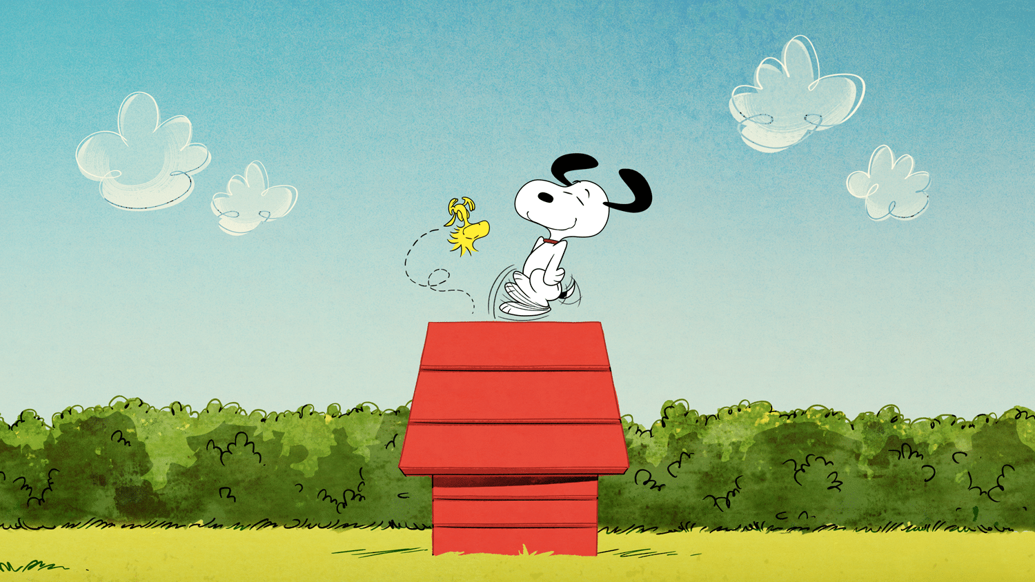 the-snoopy-show Cartoon illustration of Snoopy and Woodstock dancing on Snoopy's red doghouse.