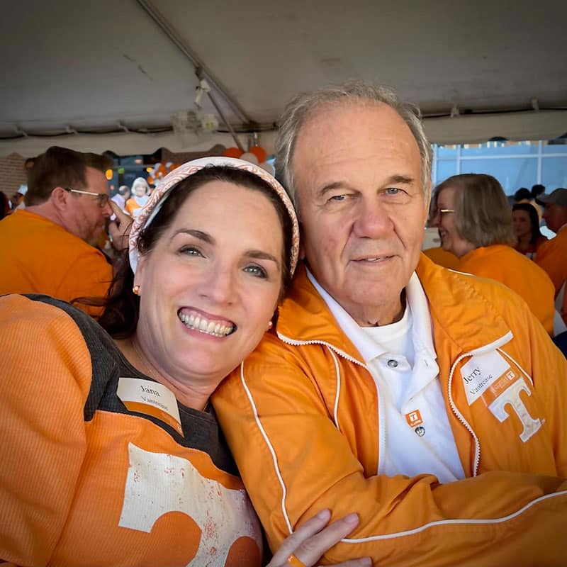 vantrease-jana-and-jerry-800x800 Jana Vantrease leans on her dad's (Jerry Vantrease) shoulder. Both are wearing Tennessee orange.
