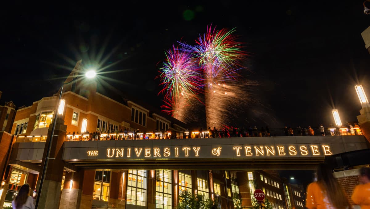 Fireworks explode over Ped Walkway.