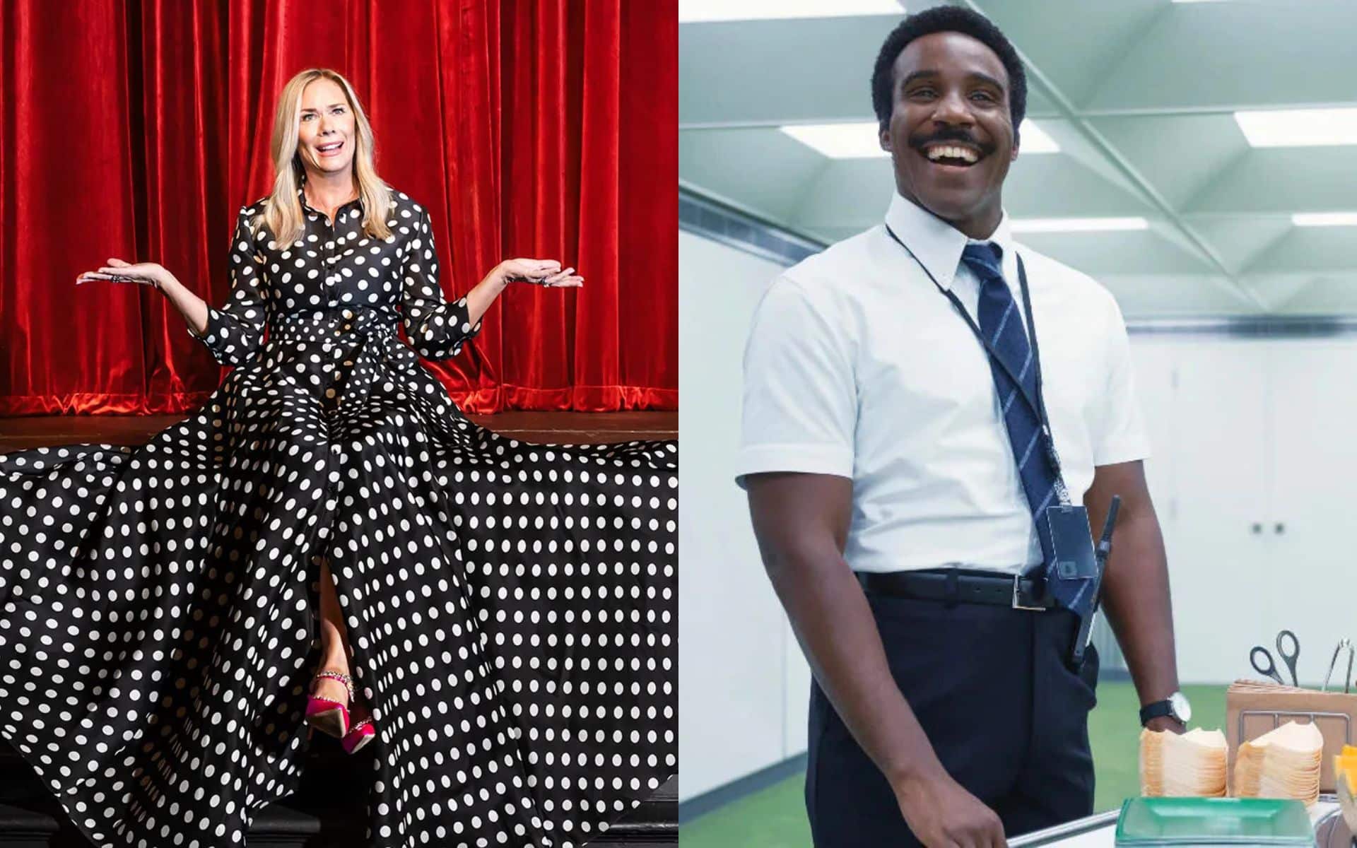 Leanne Morgan sitting on a stage and Tramell Tillman in a white shirt at a office