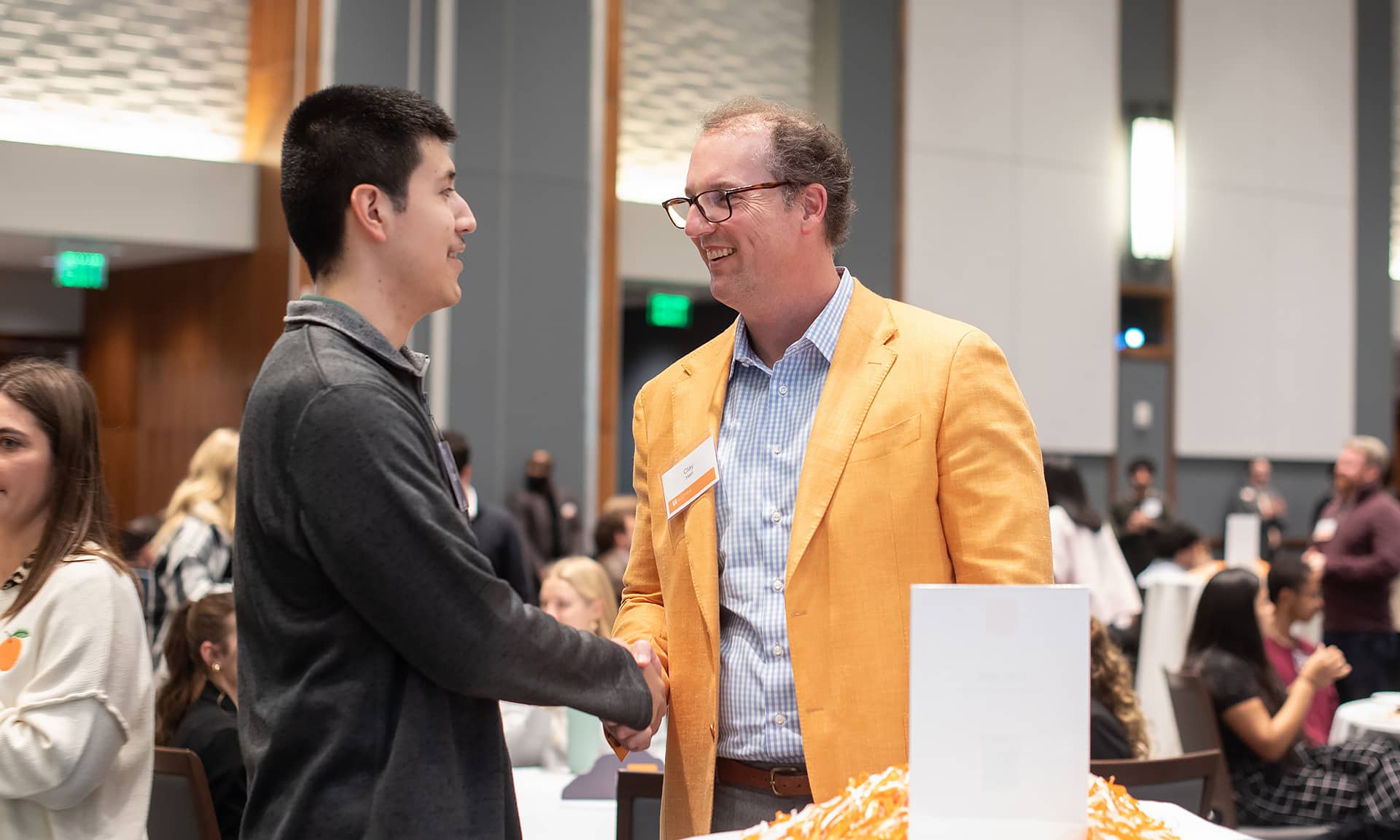 Two people in business clothing smiling and shaking hands