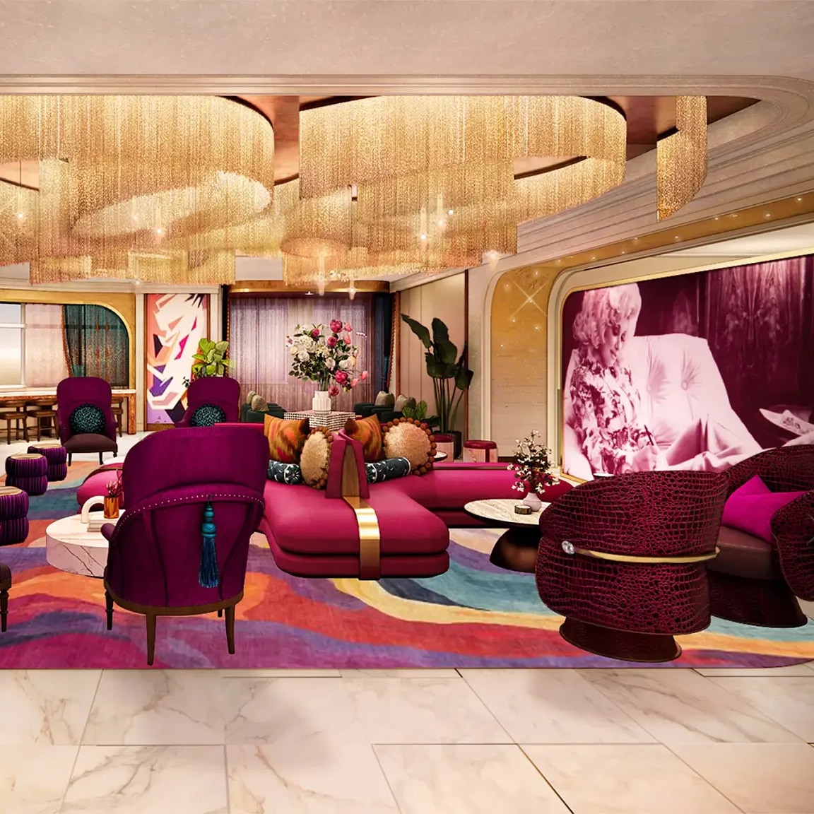 Songteller-Hotel-Lobby Hotel lobby with purple furniture