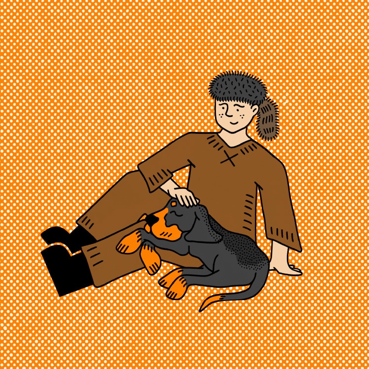 Graphic illustration of person petting a dog